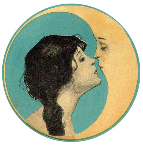 vintage illustration of girl kissing the moon